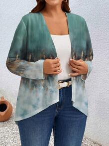 EMERY ROSE Plus Size Women's Vintage Pattern Open Front Coat, Autumn Casual Long Sleeve Jacket Suitable For Fall & Winter - Multicolor - View 5