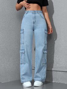 SHEIN EZwear Quần jean nữ có dây kéo mùa hè có nắp túi - Rửa nhẹ - Xem 2