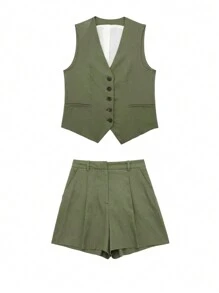 SHEIN EZwear Women's Solid Color Simple Daily Vest Suit - Green - View 1