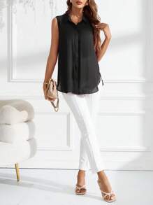 SHEIN Clasi Áo dài tay mùa hè màu trơn cho nữ - màu đen - Xem 4