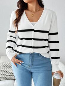 SHEIN LUNE Plus Size Striped Printed Casual Cardigan With Single-Breasted Button For Autumn & Winter - Black and White - View 6