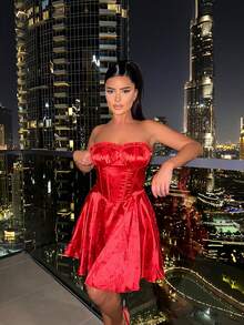 女士夏季性感提花無肩迷你裙 - 紅色 - 查看 3