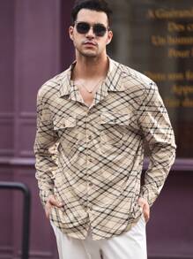 Manfinity VCAY Men's Knitted Loose Plaid Shacket With Drop Shoulder And Lapel, Suitable For Spring And Autumn Seasons