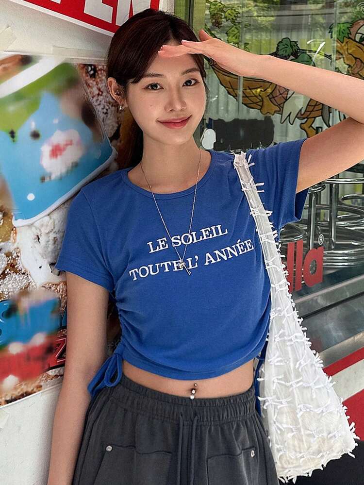 Women's Letter Printed Drawstring Short Sleeve T-Shirt,Crop Tops Women,Graphic Tees Preppy Tops