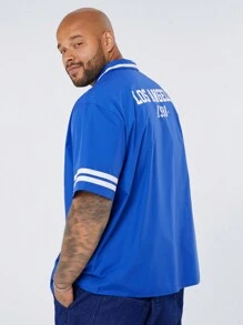 Manfinity VCAY Men's Plus Size Casual Woven Letter Printed Turn-Down Collar Short Sleeve Shirt, Suitable For Summer And Daily Wear - Blue - View 4