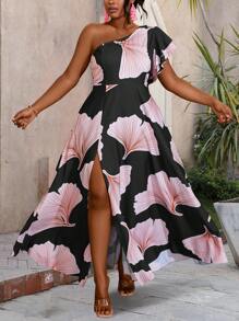 Maweii Plus Summer Ginkgo Biloba In Một Bên Vai Xẻ Đùi Maxi, Trang Phục Cho Nữ - màu đen - Xem 3