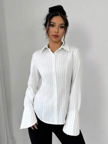 Rafferiza 性感白色條紋襯衫女裝，秋季時尚甜美顯瘦襯衫，配有波浪襯衫袖