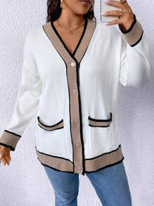 SHEIN LUNE Plus Size Women's Color Block Simple Daily Long Sleeve Cardigan - Multicolor - View 4