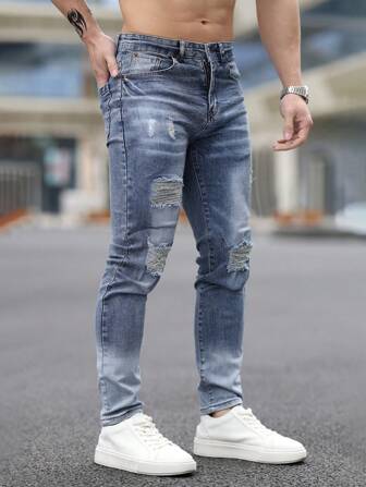 男士破洞牛仔裤，带口袋，时尚百搭长裤，个性化