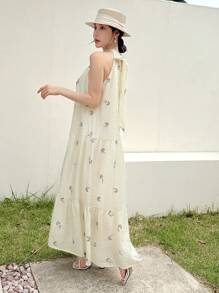 EastFlair Floral Printed Halter Neckline Dress With Ruffled Hem, Summer Style - Apricot - View 3