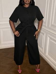 Slaydiva Mono liso con cinturón, media abertura delantera, para mujer, de largo, para fiesta y uso casual elegante - Negro - Ver 5