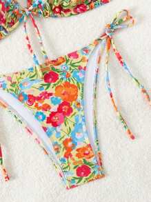 SHEIN Swim Summer Beach Women's Sfumato Floral Print Chest Drawstring Knotted Bikini Top, Side Tie Thong Beach Wear Bikini Set - Multicolor - View 3