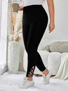 SHEIN LUNE 加大码镂空纯色健身紧身裤，非常适合运动装健身房女装 - 黑色 - 查看 3