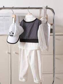 1 pieza Camisa a rayas estilo preppy 2 en 1 para niños, primavera y otoño - Blanco y Negro - Ver 2