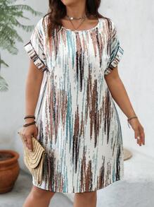 SHEIN LUNE Abstract Color Brushstroke Round Neck A-Line Plus Size Dress, For Summer