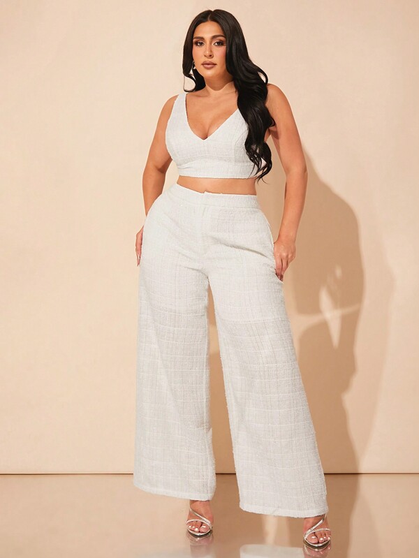 SHEIN BAE Curve Plus Size Tweed Wide-Leg Trousers White Pants Elegant Sparkling Trousers For Formal Occasions