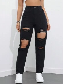 SHEIN EZwear Women's Fashionable Ripped Jeans For Daily Wear - Black - View 6