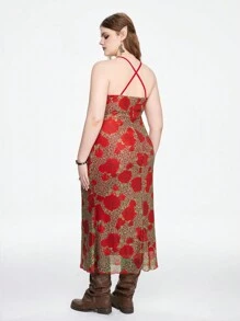 ROMWE Vestido con estampado de leopardo y cuello redondo de talla grande con falda acampanada - Rosa Roja - Ver 2