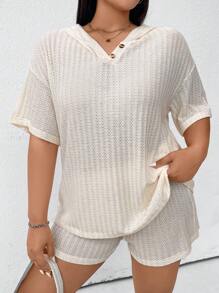 SHEIN Unity Plus Drop Shoulder Hooded Tee & Shorts For Summer - Apricot - View 1