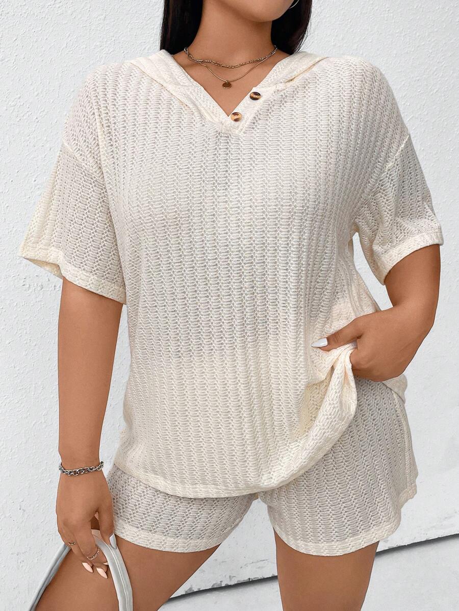 SHEIN Unity Plus Drop Shoulder Hooded Tee & Shorts For Summer - Apricot - View 1