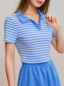 Easithlete Women's Striped Printed Athletic T-Shirt & Tank Top Set Fitted Shirt - Blue - View 3