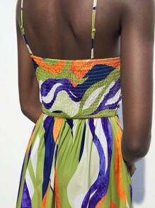 Maija 2025春夏初秋独立日七月装毕业季装适合休闲优雅校园细肩带彩色印花百搭百褶连衣裙女士适合校园生活 - 藏蓝色 - 查看 5