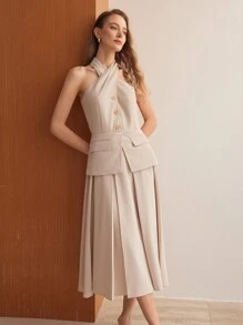 MOTF PREMIUM SOLID PEPLUM WAIST FOLD PLEATED HEM 2 IN 1 CRISSCROSS HALTER DRESS