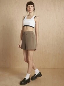 MONSE Oxana Designer einfarbige Vorderseite Knopf Mehrfach-Taschen High-Waist Anzug Shorts, alltäglicher Lässig-Trage, für Sommer, Urlaub, Ferien, Strand, Festivals, Ibiza Passform