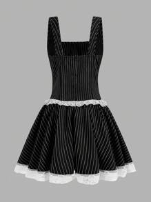 SHEIN Unity 女性夏季條紋撞色蕾絲口袋無袖裙 - 黑色 - 查看 2