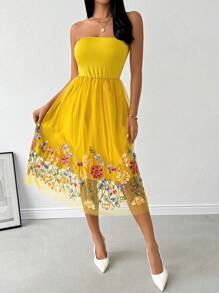 SHEIN Privé Damska sukienka z kwiatowym haftem, na co dzień, na lato, bez ramiączek - Żółty - Zobacz 3