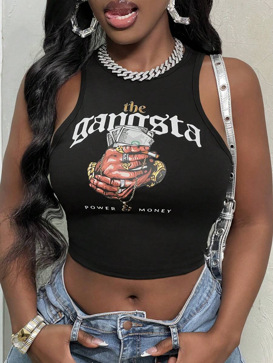 Slaydiva 休闲简约美元符号图案圆领修身女式背心，适合夏季 - 黑色 - 查看 1