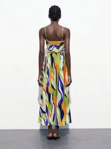 Maija 2025春夏初秋独立日七月装毕业季装适合休闲优雅校园细肩带彩色印花百搭百褶连衣裙女士适合校园生活 - 藏蓝色 - 查看 10