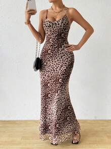 Chiquease Women's Leopard Print Simple Daily Wear Spaghetti Strap Dress - Brown - View 3