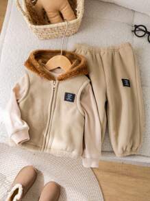 SHEIN 3入組嬰兒男/女休閒連帽背心、運動衫和加厚長褲套裝，秋冬季 - 彩色 - 查看 9