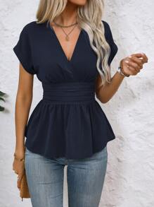 SHEIN Clasi Women's Solid Color Simple Daily V-Neck Short Sleeve Shirt Peplum Top