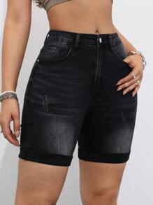SHEIN Essnce Ladies' Fashionable Rolled Hem Denim Shorts For Summer - Black - View 6