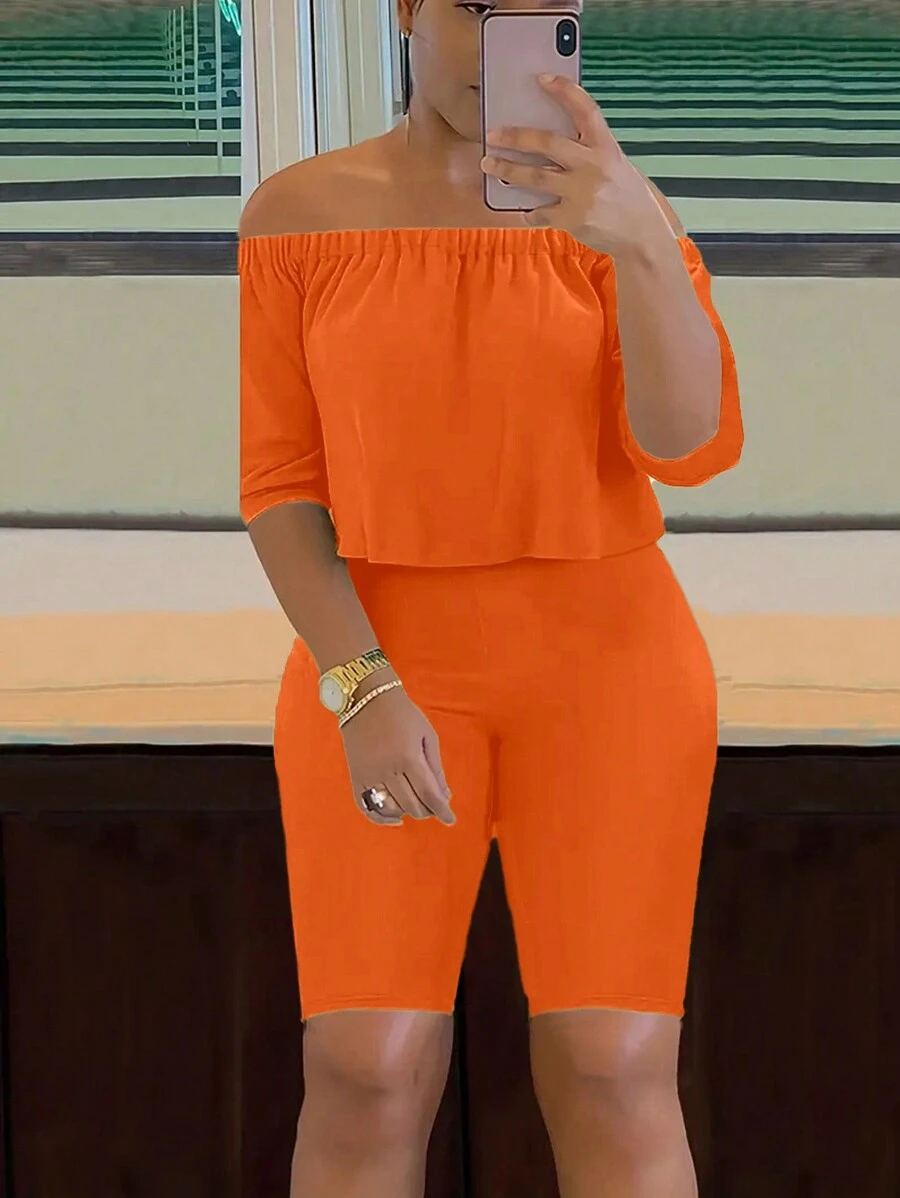 SHEIN Women's Solid Color Simple Daily Wear Off Shoulder Top And Shorts Set - Orange - View 1