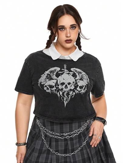 Dark Gothic Fry Snowflake Distressed Skull & Wing Printed Loose Plus Size T-Shirt