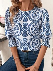 SHEIN Clasi 中长款蓝白田园风印花圆领女衬衫初秋女士上衣教师服女复古衣服蓝色衬衫短袖上衣 - 藍白色 - 查看 5