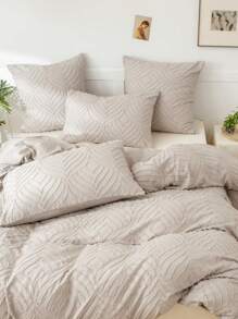 Solid Color Jacquard Duvet Cover Set, 1pc Duvet Cover & 2pcs Pillowcase, Modern Polyester Bedding Set For All Season - Khaki - View 4