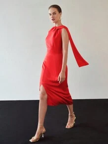 MOTF PREMIUM FITTED WAIST SPLIT SIDE DRESS - Red - View 7