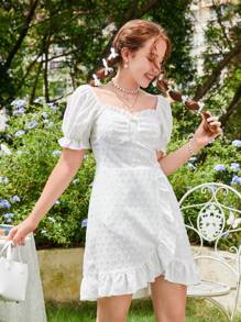 SHEIN Vestido corto de verano blanco con mangas abullonadas y lindos detalles de encaje para adolescente - Blanco - Ver 8