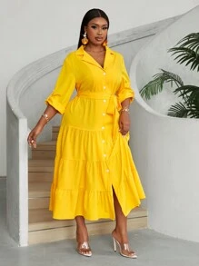 Maweii Plus Size Women's Elegant V-Neck Buttoned Front Long Sleeve Belted Dress With Layered Ruffle Hem Maxi Women Outfit Fall Cloth For Women