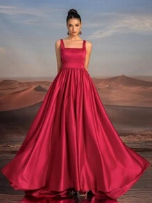 Glamrae Elegant Wide Strap Square Neckline Bra Cup High-Waisted Sheer Mesh Contrast Hollow Out Extra Large Hemline Train Dress, Perfect For Dating, Singles Party, Wedding, Event, Heavy-Duty Formal Dinner, Evening Prom Wedding Guest Gown, For Graduation - Rose Red - View 1