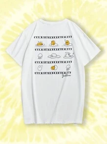 Gudetama X SHEIN 大尺碼休閒舒適寬鬆落肩白色T恤裙，印有蛋黃印花，適合夏季 - 白色 - 查看 1