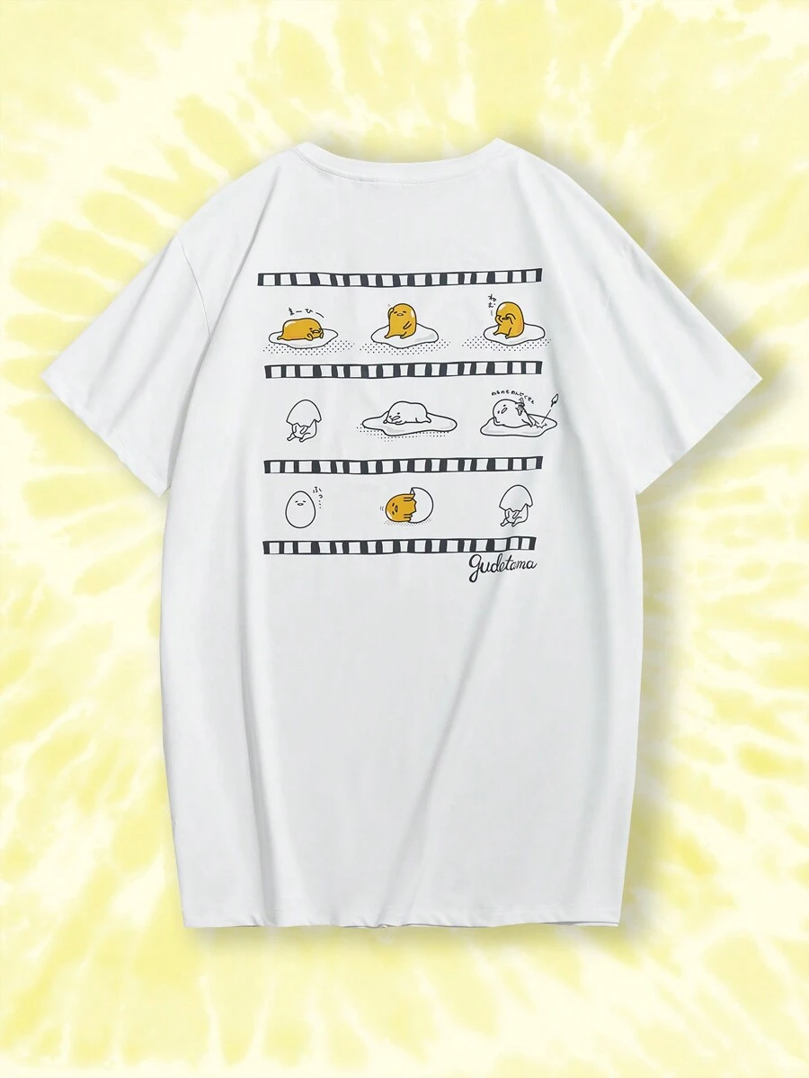 Gudetama X SHEIN 大尺碼休閒舒適寬鬆落肩白色T恤裙，印有蛋黃印花，適合夏季 - 白色 - 查看 1