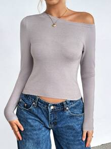 SHEIN Unity Women's Asymmetric Shoulder Neckline Design Long Sleeve Slim-Fit Gentle Charm Gentle Knit Sweater, Knit Pullover Fall Winter - Grey - View 3