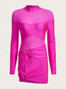 SHEIN X KeniaOs SHEIN ICON 高领网眼插入紧身衣和环链紧身裙 - 玫紅色 - 查看 5