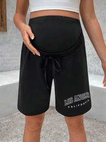 SHEIN 孕婦前扣紐印字短褲，休閒裝 - 黑色 - 查看 5