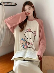 DAZY Cute Cartoon Printed Loose Color Block Patch Shoulder Sleep Dress Pajama - Brown - View 3